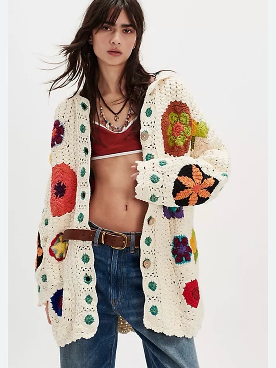 Free People Sweaters - Free People Cream Crochet Cardigan with Multicolor Floral Squares - NWOT